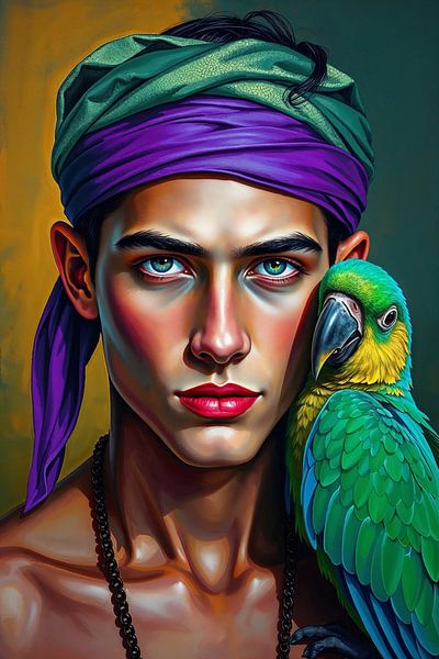 Portrait - junger Mann mit Papagei von Liona Toussaint