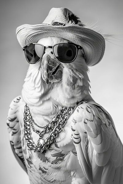 Perroquet avec lunettes de soleil et chapeau en noir et blanc par Poster Art Shop