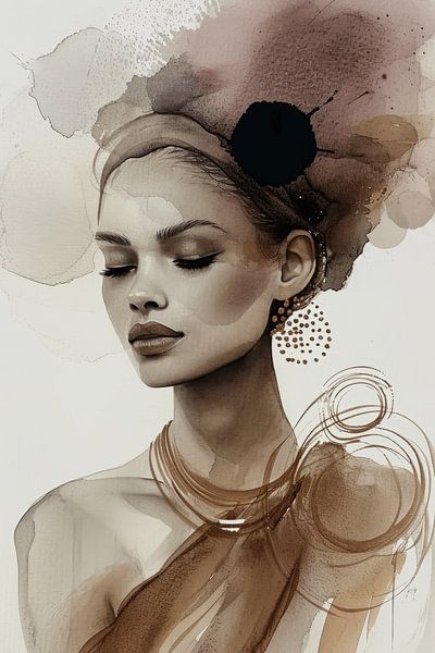 Modern en chic portret in aardetinten, aquarel van Carla Van Iersel