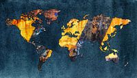 Carte du monde Rouille | Jaune Noir et bleu pétrole aquarelle