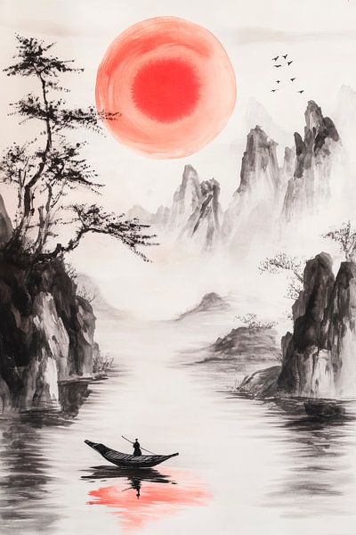 Verschneite Berge im roten Sonnenuntergang von Poster Art Shop