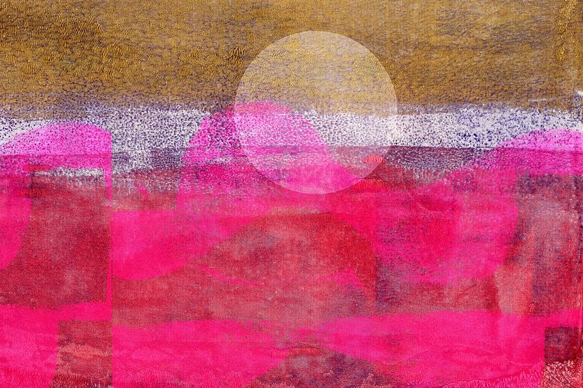 Zonsondergang. Abstract landschap in neonroze en donker goud van Dina Dankers