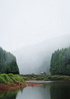 Chalet sur un lac dans la brume