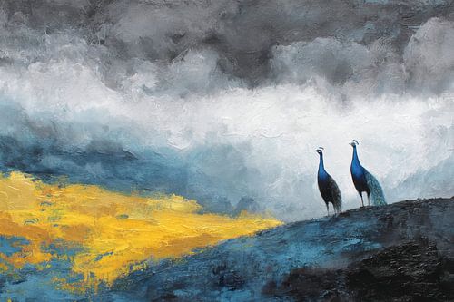 Deux paons sous un ciel d'orage sur Digitale Schilderijen