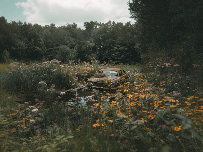 Rust and Flowers - Overgrown Oldtimer Print (rouille et fleurs) par Karina Brouwer