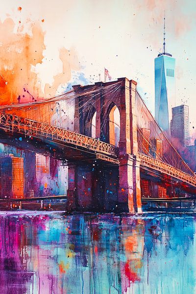 Pont de Brooklyn à l'aquarelle et horizon de Manhattan par Thea