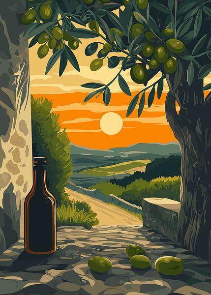 Mediterranean landscape with olive tree at sunset by Pixelbull Design