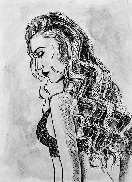 Federzeichnung Frau in Gedanken schwarz und weiß von Bianca ter Riet