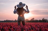 Woman with sun hat in the tulip field