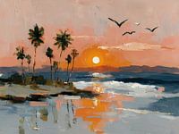 Sunset by the sea on tropical island with palm trees