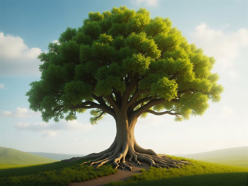 Arbre majestueux sur une colline au coucher du soleil avec de grosses racines par Markus Gann