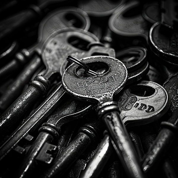 Alte Schlüssel in Schwarz-Weiß-Fotografie von Vlindertuin-Art