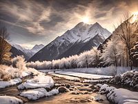 Ruig winters berglandschap met stromende rivier