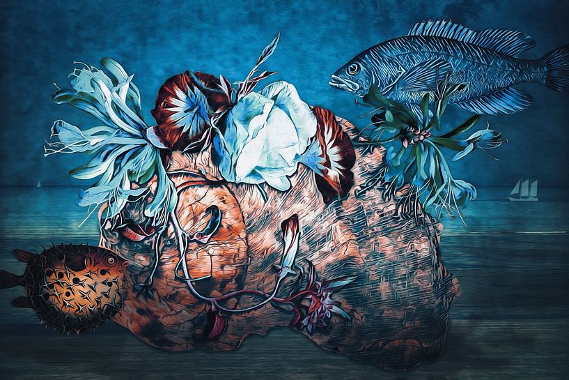 The fish and the shell on the beach by Helga Blanke