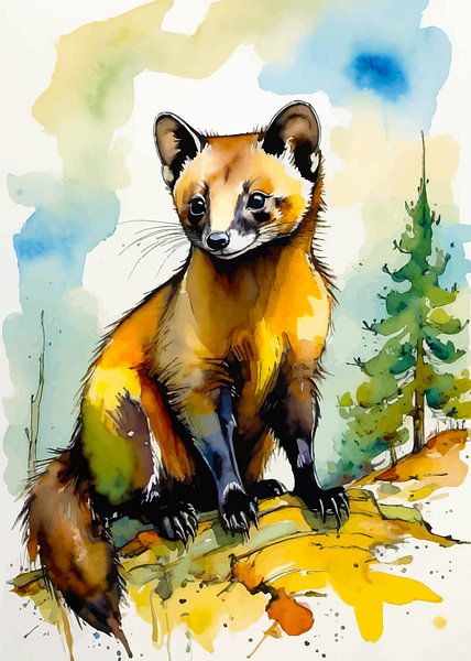 European Pine Marten Watercolor by MIROKKU