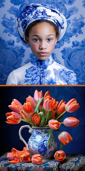 Delft Blue girl with orange tulips by Vlindertuin-Art