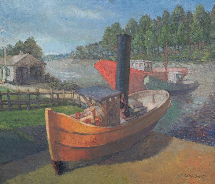 Schlepper auf der Schelde in Dendermonde - Öl auf Leinwand von Galerie Ringoot