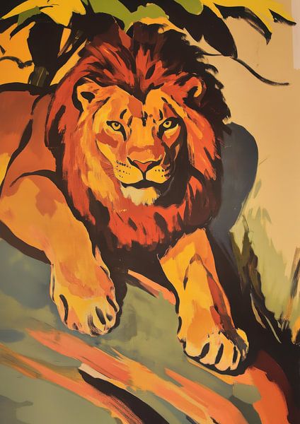 Vintage Löwe im Dschungel – Lithografie-Stil von Niklas Maximilian