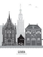 Skyline illustratie stad Gouda zwart-wit-grijs