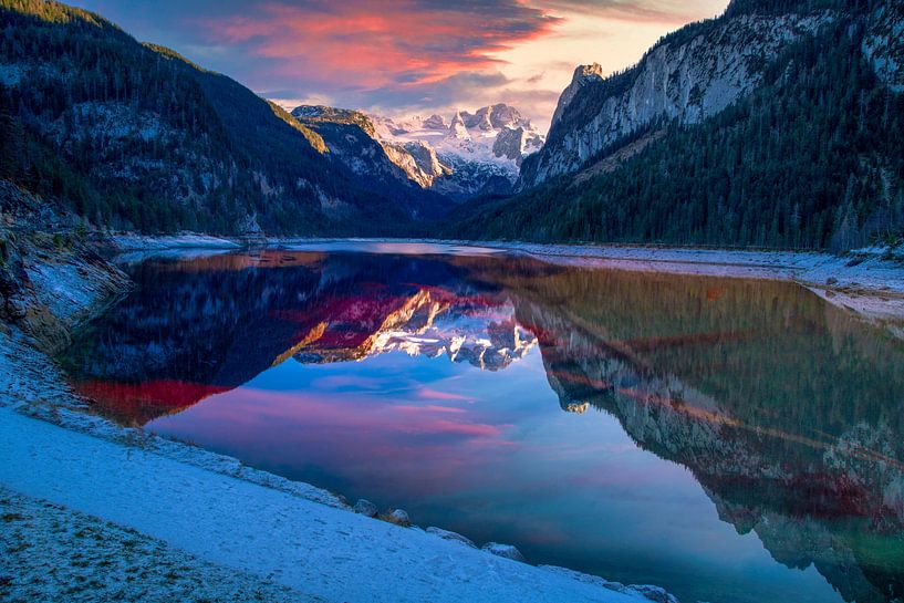 Scenic sunset panorama of blue alps lake Gosau under Dachstein mountain by Konstantinos Lagos