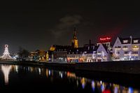 Evening skyline of Maastricht during Christmas period with the knight brewery