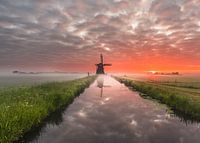 Beautiful mill at sunrise in the polder.
