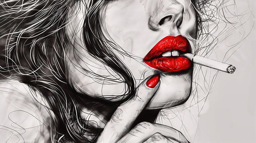 Frau mit rotem Lippenstift und Nagellack, rauchend von Frank Heinz
