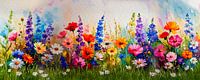Panoramic painting of a summer field of flowers