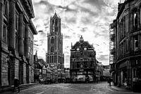 The Cathedral and the Fish Market in Utrecht as seen from the Stadhuisbrug in black and white.