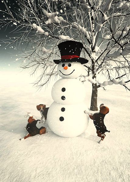 Christmas time with a snowman and little dogs by Jan Keteleer