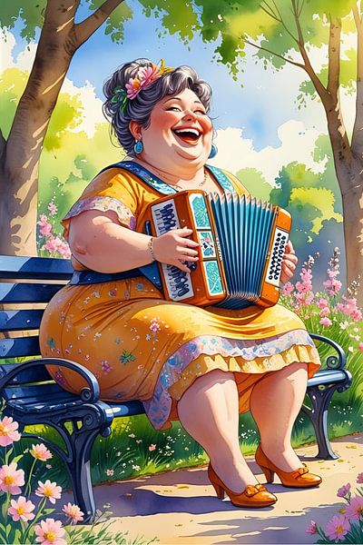 cosy lady plays accordion in park by De gezellige Dames