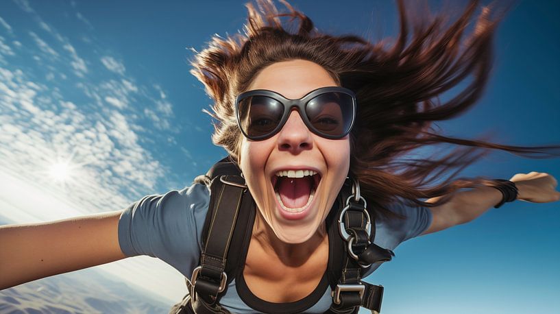 Close-up of an excited, happy woman skydiving with a beautiful blue sky in the background by Animaflora PicsStock