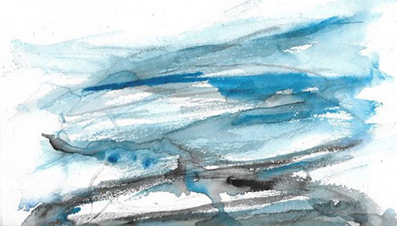 Paysage abstrait bleu. Aquarelle peinte à la main. par Ineke de Rijk