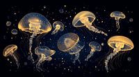 Jellyfish in golden glow against dark blue ocean