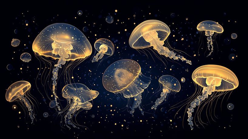 Jellyfish in golden glow against dark blue ocean by New Visuals