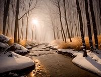 zonnestralen in winters bos met stromende rivier