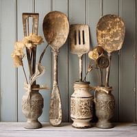 Nature morte Shabby Chick Conseil d'administration Ustensiles de cuisine Peinture à la chaux