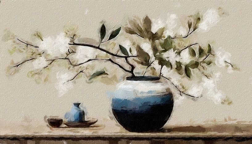Nature morte d'un vase avec des branches de fleurs blanches et vertes. par J.a Dijkstra