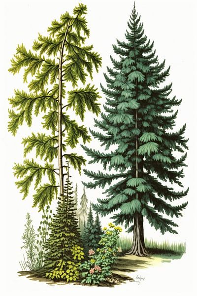 Dennen en sparren op een witte achtergrond van Vythryd Arts