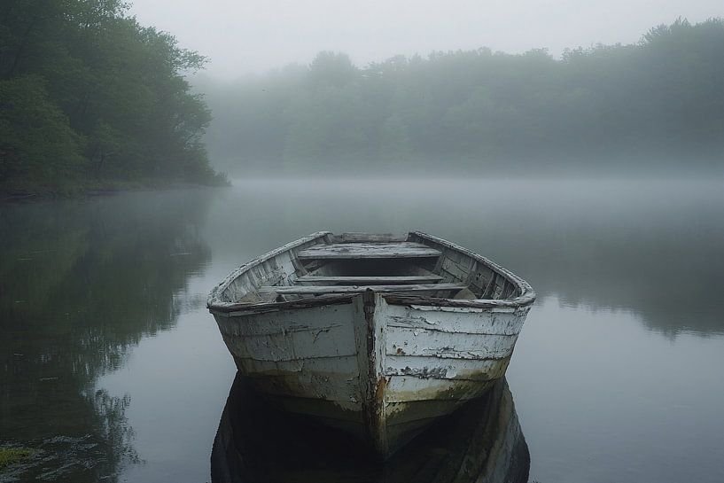 Altes Holzboot im Nebel von Art & Soul Creations