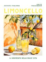 Affiche Limoncello avec bouteille, verre, citrons, aquarelle
