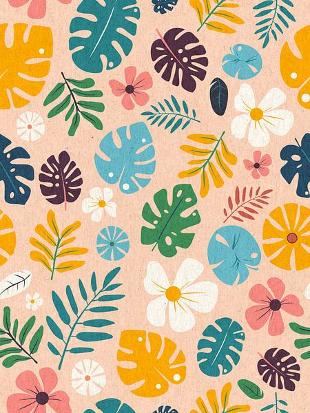 Tropisches Hawaii-Blatt- und Blütenmuster auf hellem Hintergrund von Mixed media vector arts