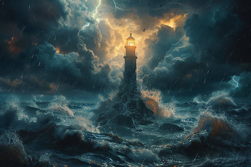 Dramatischer Leuchtturm inmitten stürmischer See bei Sonnenuntergang von Poster Art Shop