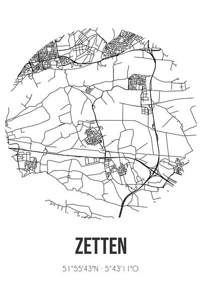 Zetten (Gelderland) | Karte | Schwarz und Weiß von Ortsdrucke