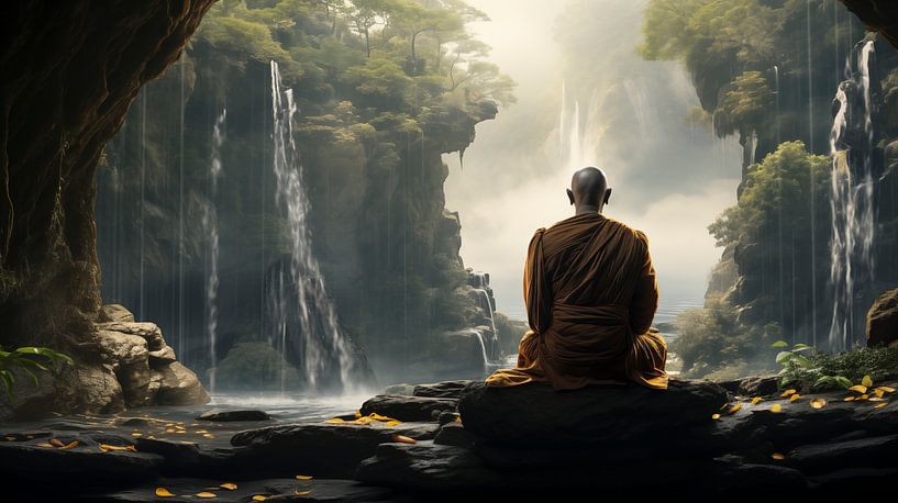 Monk meditates in nature with a waterfall by Animaflora PicsStock