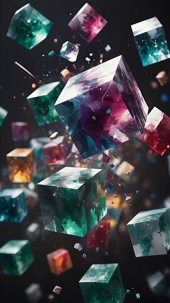 Schwebende Würfel aus farbigem Glas von Bart Veeken