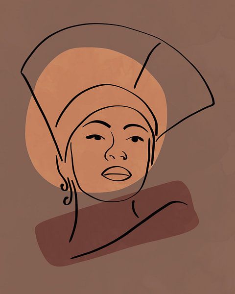 Dessin au trait d'une femme au chapeau avec deux formes organiques en brun par Tanja Udelhofen