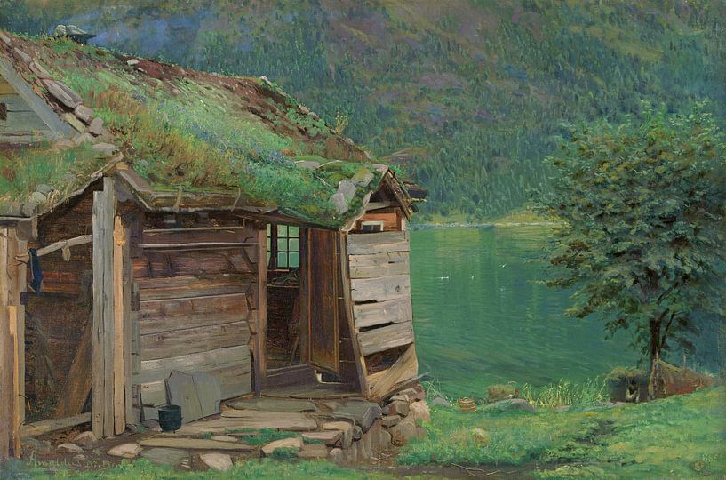 Amaldus Nielsen,Ferme sur Balestrand, Cabane au bord du lac landsch par finemasterpiece