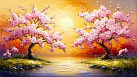 In the magic of the Japanese cherry blossom - Japanese cherry trees on quiet islands in a calm lake, united in the golden glow of the setting sun