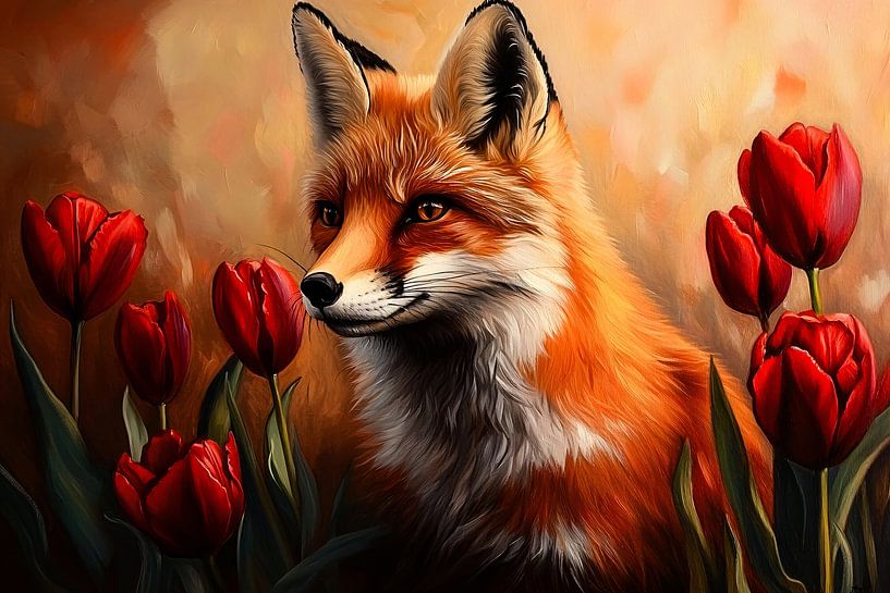 Fuchs mit Tulpen in der Landschaft von Imperial Art House